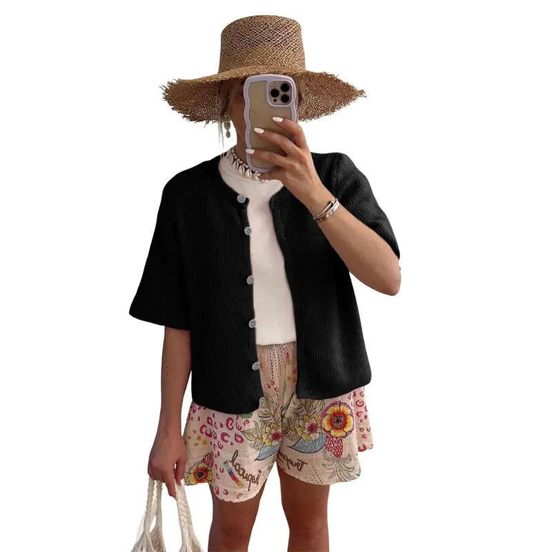 Women's Short Sleeve Knit Cardigan - 💖Crew Neck Button Down Lightweight Ribbed Summer Layering Top💖