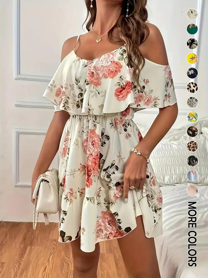 Women's Boho Floral Print Cold Shoulder Dress 💃Feel Beautiful at Any Age & Size 💕