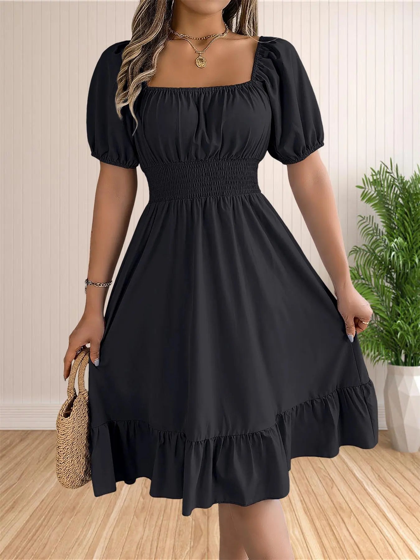Solid Color Shirred Puff Sleeve A-Line Dress 💕 Chic puff sleeves 🎨 Multiple colors available