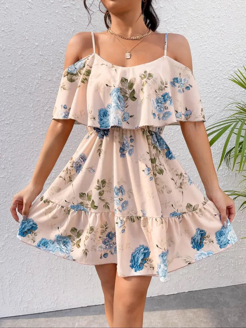 Women's Boho Floral Print Cold Shoulder Dress 💃Feel Beautiful at Any Age & Size 💕
