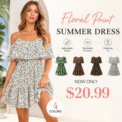 Women's Boho Floral Print Cold Shoulder Dress 💃Feel Beautiful at Any Age & Size 💕