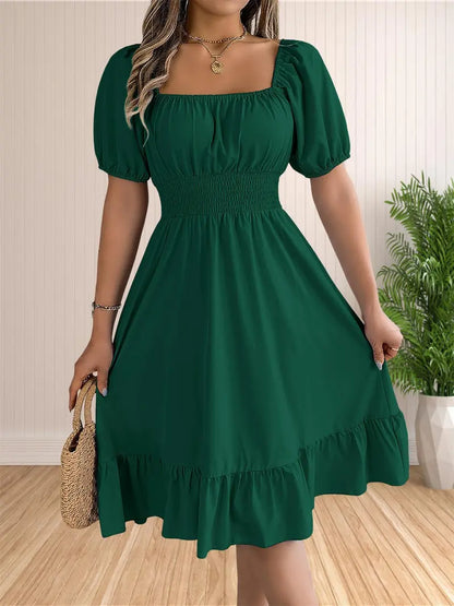 Solid Color Shirred Puff Sleeve A-Line Dress 💕 Chic puff sleeves 🎨 Multiple colors available