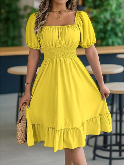 Solid Color Shirred Puff Sleeve A-Line Dress 💕 Chic puff sleeves 🎨 Multiple colors available