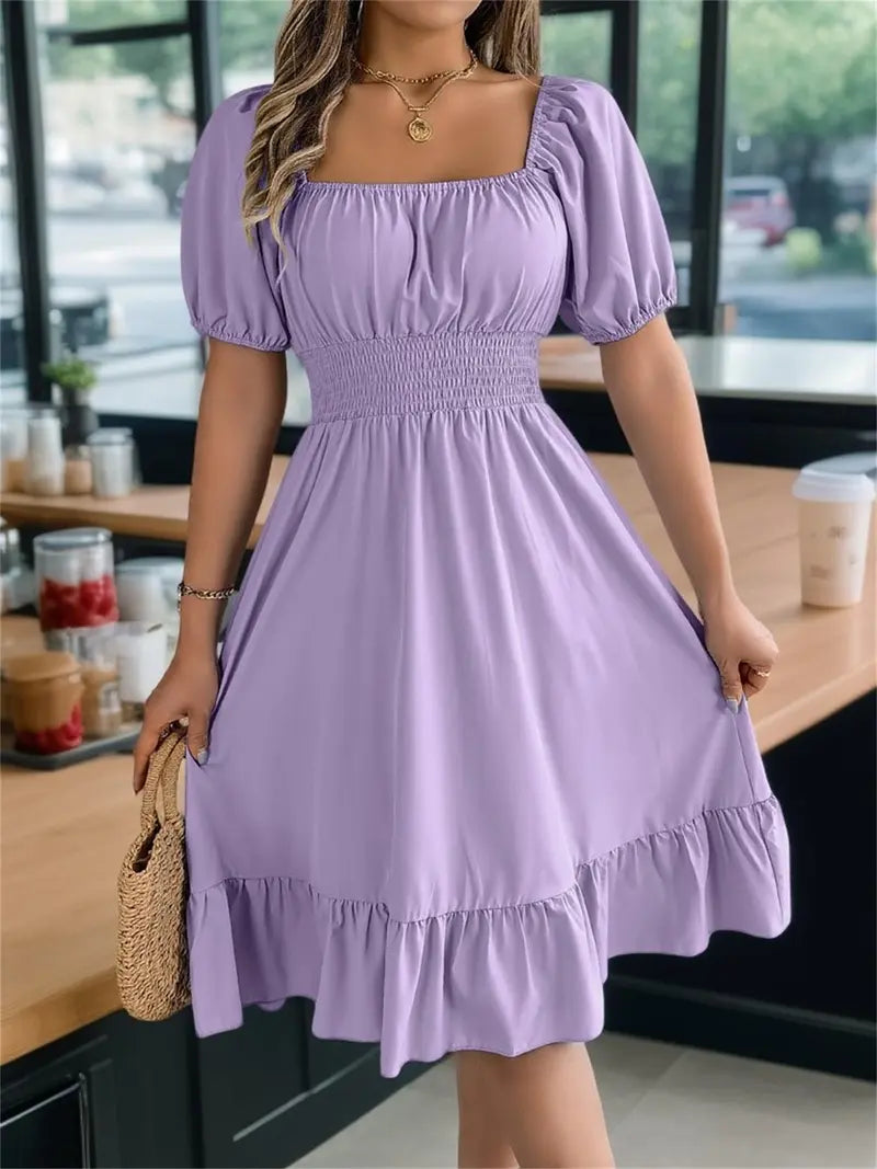 Solid Color Shirred Puff Sleeve A-Line Dress 💕 Chic puff sleeves 🎨 Multiple colors available