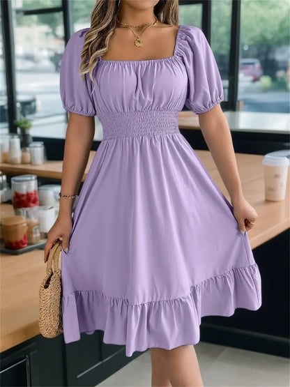Solid Color Shirred Puff Sleeve A-Line Dress 💕 Chic puff sleeves 🎨 Multiple colors available