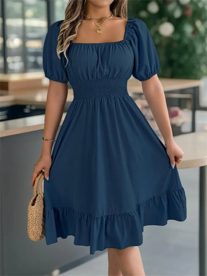Solid Color Shirred Puff Sleeve A-Line Dress 💕 Chic puff sleeves 🎨 Multiple colors available