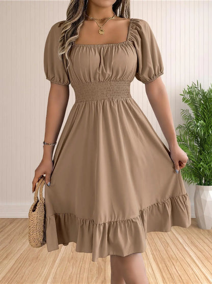 Solid Color Shirred Puff Sleeve A-Line Dress 💕 Chic puff sleeves 🎨 Multiple colors available