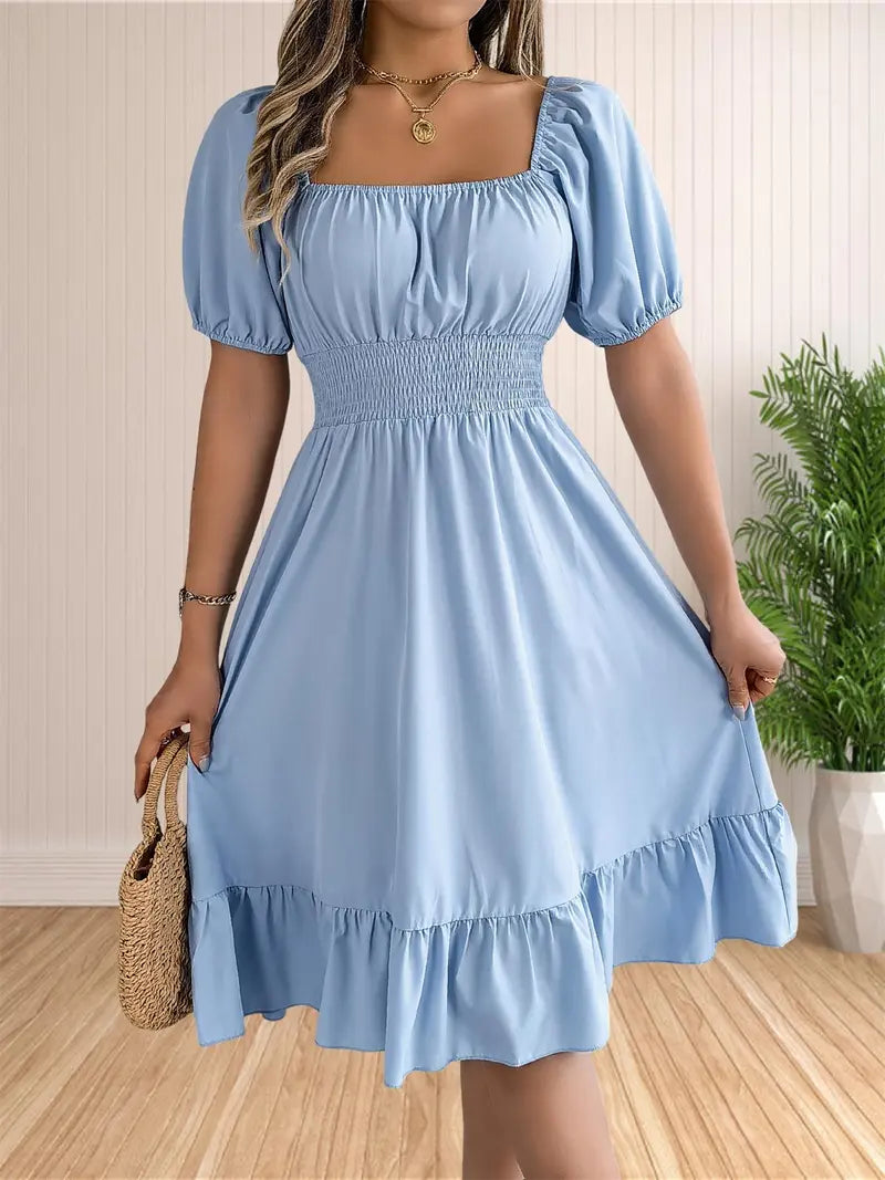Solid Color Shirred Puff Sleeve A-Line Dress 💕 Chic puff sleeves 🎨 Multiple colors available