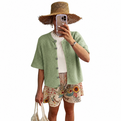 Women's Short Sleeve Knit Cardigan - 💖Crew Neck Button Down Lightweight Ribbed Summer Layering Top💖