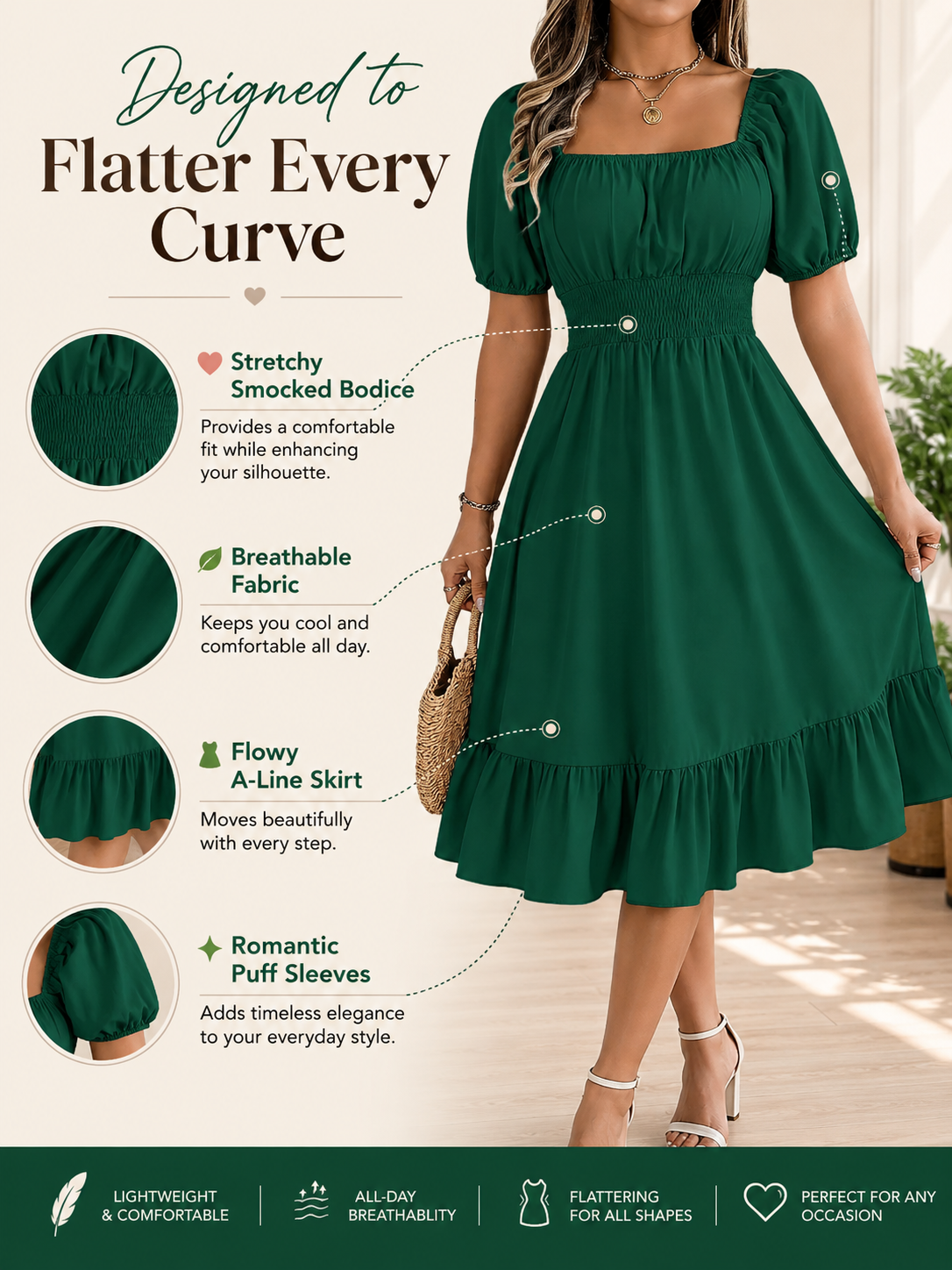 Solid Color Shirred Puff Sleeve A-Line Dress 💕 Chic puff sleeves 🎨 Multiple colors available