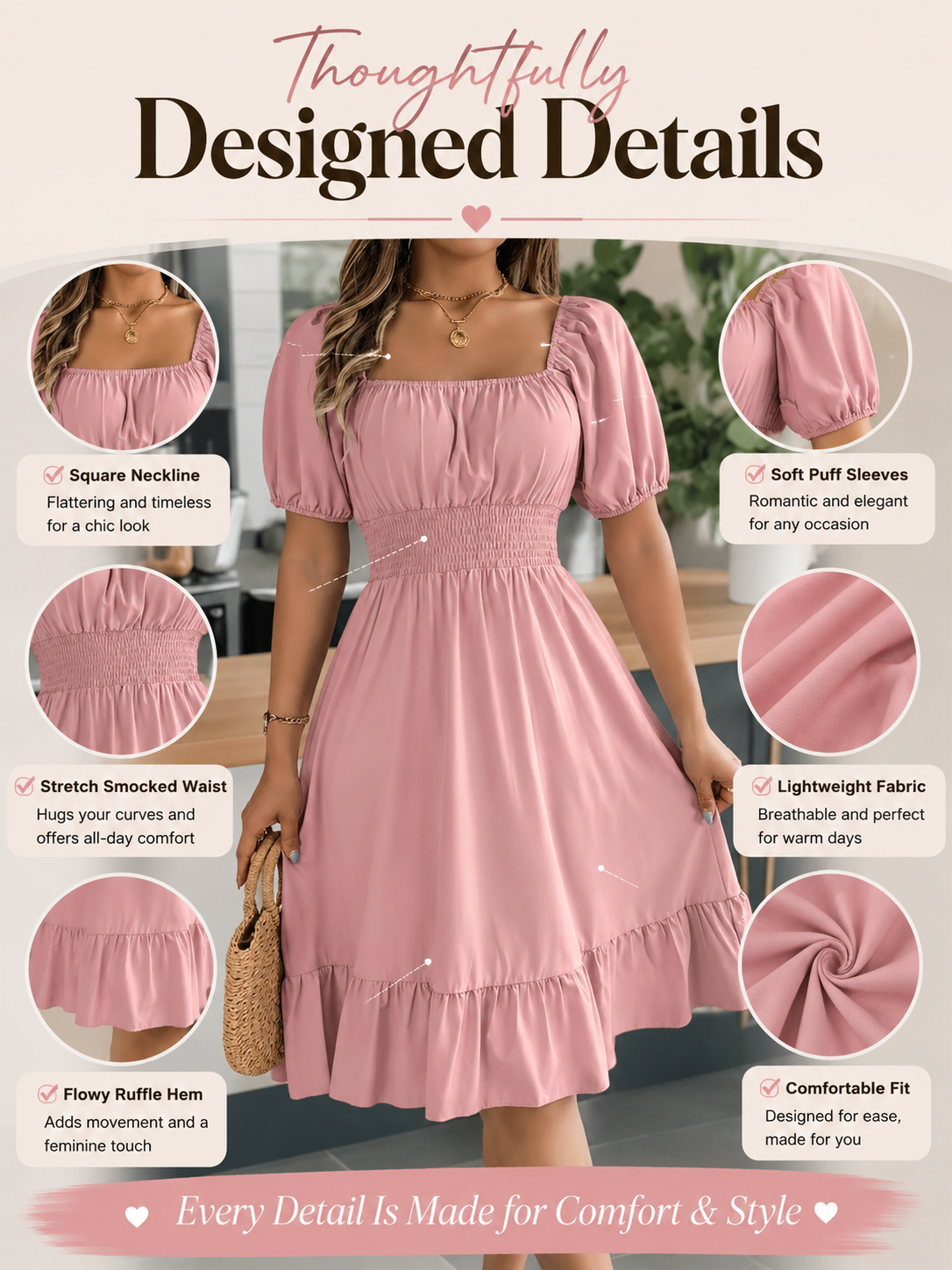 Solid Color Shirred Puff Sleeve A-Line Dress 💕 Chic puff sleeves 🎨 Multiple colors available