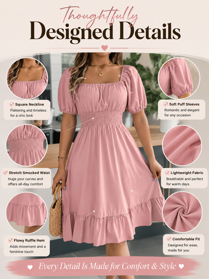 Solid Color Shirred Puff Sleeve A-Line Dress 💕 Chic puff sleeves 🎨 Multiple colors available