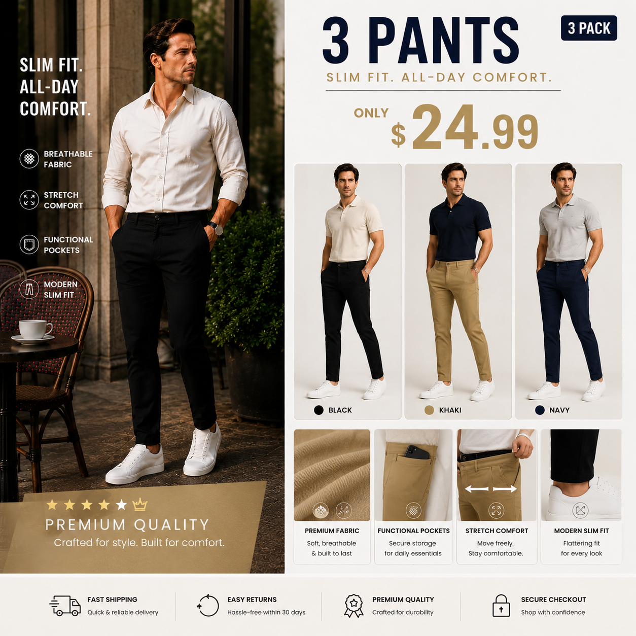 3-Pack Mens Flex Stretch Slim Fit Dress Pants 🔥One Perfect Fit. Upgrade Your Everyday Style 👖✨