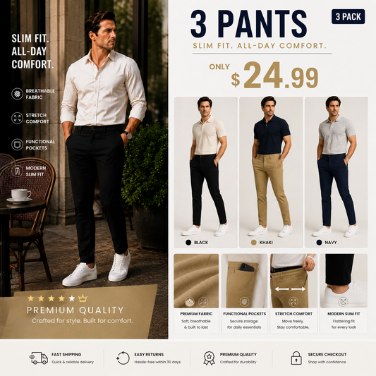 3-Pack Mens Flex Stretch Slim Fit Dress Pants 🔥One Perfect Fit. Upgrade Your Everyday Style 👖✨