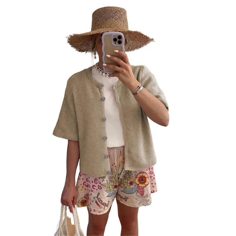 Women's Short Sleeve Knit Cardigan - 💖Crew Neck Button Down Lightweight Ribbed Summer Layering Top💖
