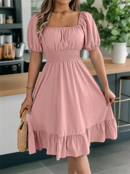 Solid Color Shirred Puff Sleeve A-Line Dress 💕 Chic puff sleeves 🎨 Multiple colors available