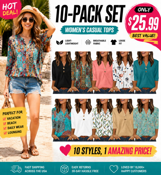 ✨  Women's 3/4 Sleeve Henley Blouses 🌷 Effortless Summer Chic You’ll Love💖